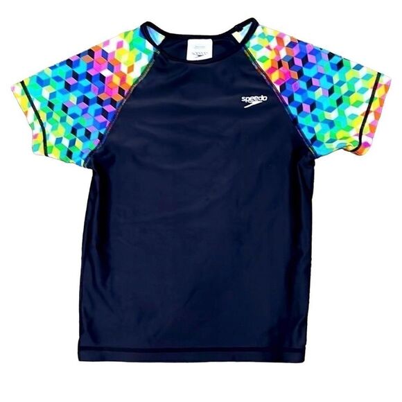 Speedo Kid’s Small Short Sleeve Swim Shirt Black with Color Block Design - Picture 1 of 8